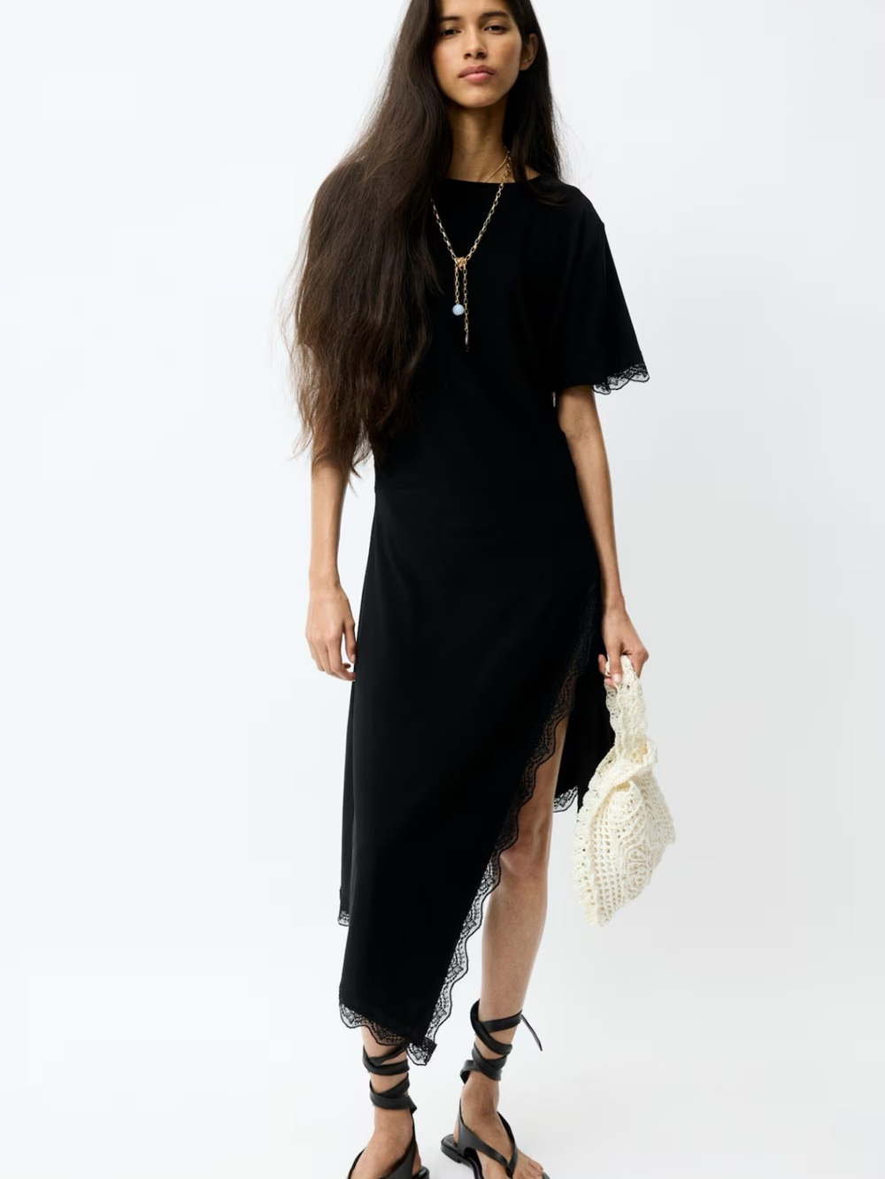 H&M Black Asymmetrical Lace-Trim Midi Dress